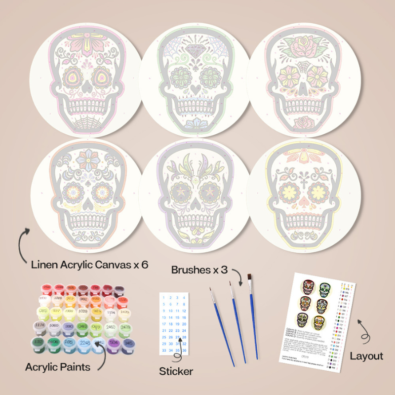 Floral Skull Designs 6-Pieces Paint by Numbers Placemat