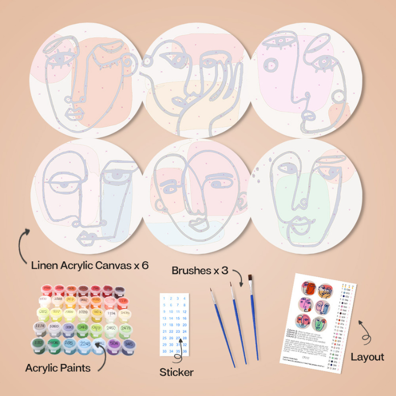 Minimalist Face Designs 6-Pieces Paint by Numbers Placemat